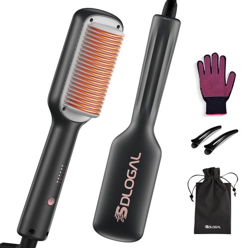 sdlogal Hair Straightener Brush – Hair Straightening Iron with Built-in Comb, 20s Fast Heating & 5 Temp Settings & Anti-Scald, Perfect for Professional Salon at Home-(Black)