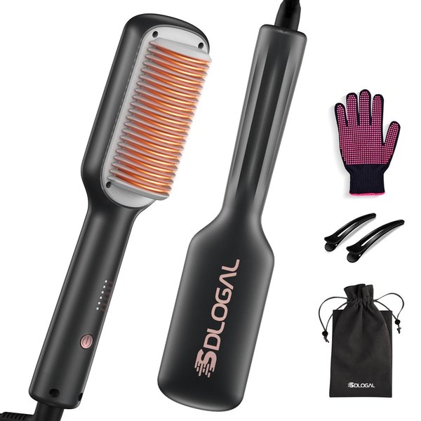 sdlogal Hair Straightener Brush – Hair Straightening Iron with Built-in Comb, 20s Fast Heating & 5 Temp Settings & Anti-Scald, Perfect for Professional Salon at Home-(Black)