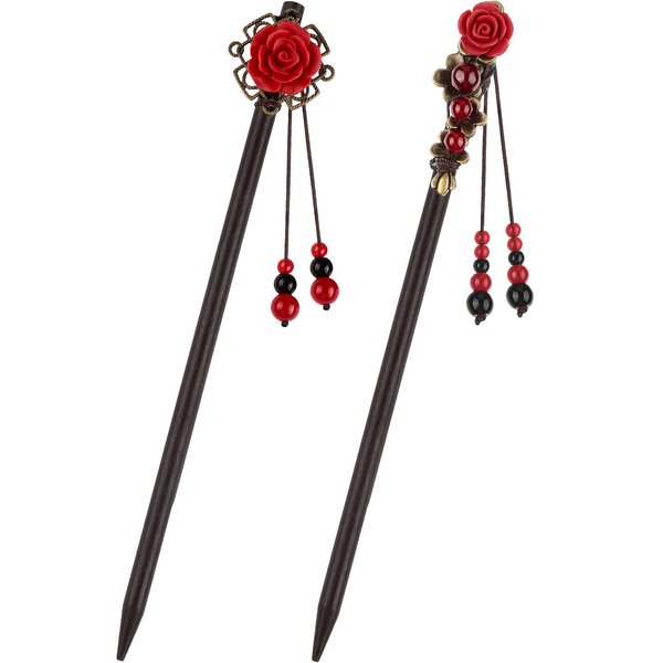 WILLBOND 2 Pieces Chinese Wooden Hair Sticks Retro Wooden Hairpins Japanese Classic Hair Chopsticks Handmade Flower Hair Accessories for Women Girl Long Hair (Classic Style)