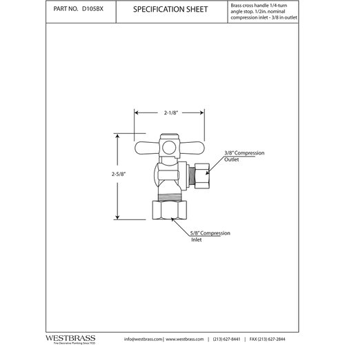 Westbrass D105BX-05 1/4-Turn Cross Handle Angle Stop Shut Off Valve, 5/8" OD x 3/8" OD, Polished Nickel