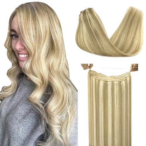 DOORES Hair Extensions Wire Balayage Light Blonde Highlighted Golden Blonde 14 Inch 75g Remy Hair Extensions Wire Hair Extensions Hairpiece with Transparent Fish Line
