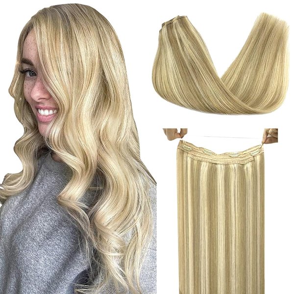 DOORES Hair Extensions Wire Balayage Light Blonde Highlighted Golden Blonde 14 Inch 75g Remy Hair Extensions Wire Hair Extensions Hairpiece with Transparent Fish Line