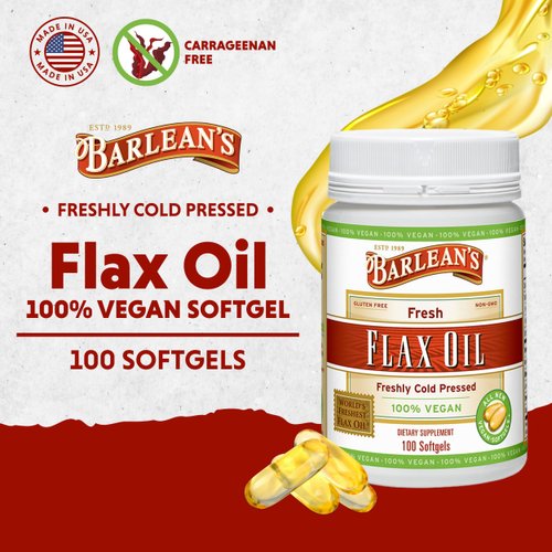 Barlean's Vegan Flaxseed Oil Supplements, Cold-Pressed Flax Seed Supplement Softgels with 1650 mg ALA Fatty Acids, 100 Count
