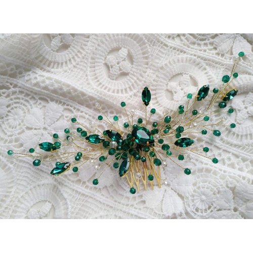 BERYUAN Women Bridal Teardrop Emerald Green Crystal Hair Comb Wedding Hair Accessory Rhinestone Hair Piece Gift for Her Party Headress for Bride Bridesmaid Girls(Gold)
