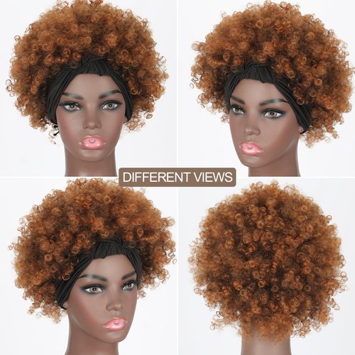 FBKDFCZS Afro Headband Wig Short Afro Kinky Curly Wigs for Black Women,Ombre Brown Glueless Afro Wigs with Headbands Attached Afro Curly Headband Wigs Synthetic Afro Scarf Wigs for Womens Afro Wigs