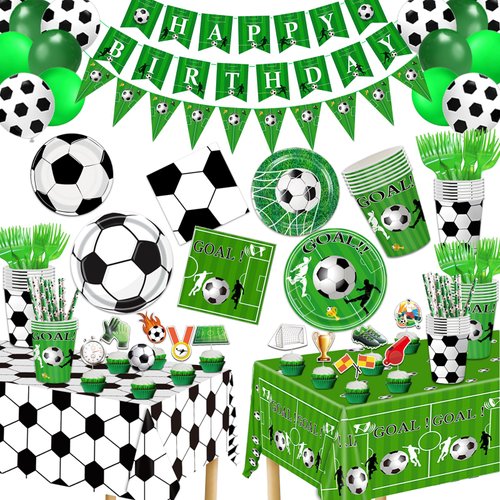 172 Pcs Soccer Party Plates Tableware Set Serves 24 Soccer Party Decorations Supplies Includes Plates Napkins Banner Cups Tablecloth for Soccer Birthday Party Decorations