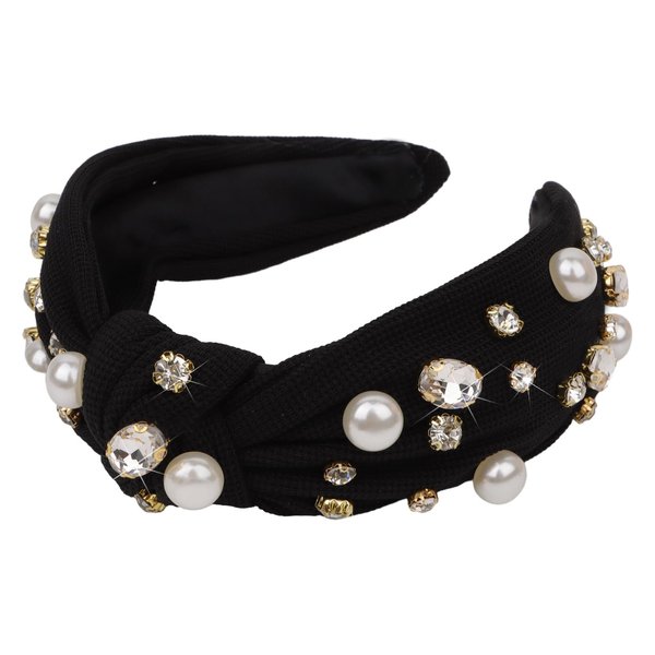 Ondder Black Knotted Headbands for Women Top Knot Pearl Headband Shiny Rhinestone Fashion Womens Headband Head Band Bling Jeweled Sparkly Crystal Headband Head Bands Hair Accessories for Women Girls
