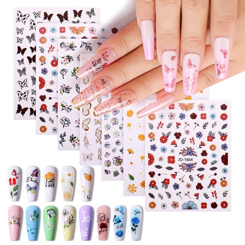 AIMEILI 30 Sheets Nail Art Stickers Colorful Butterfly Flower 3D Self-adhesive Nail Stickers for Nail Art Decoration