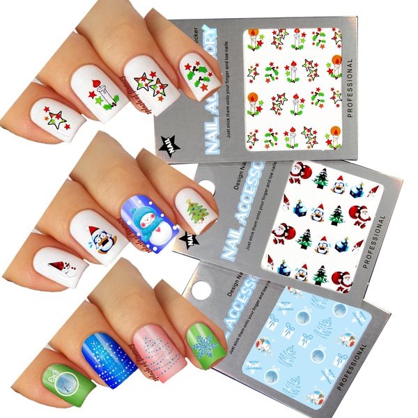 Christmas New Year Theme Nail Art Water Slide Tattoo Transfer Decals Mixed Design, Pack of 3