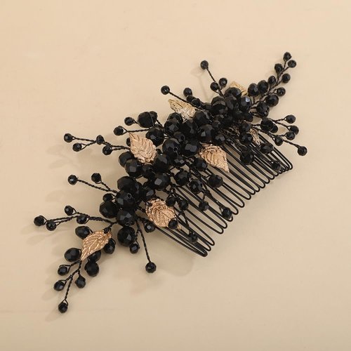 Teyglen Gold Leaf Headpiecec Bridal Black Crystal Hair Comb Black Rhinestone Wedding Hair Comb Festival Hair Accessories for Women Halloween Party Prom