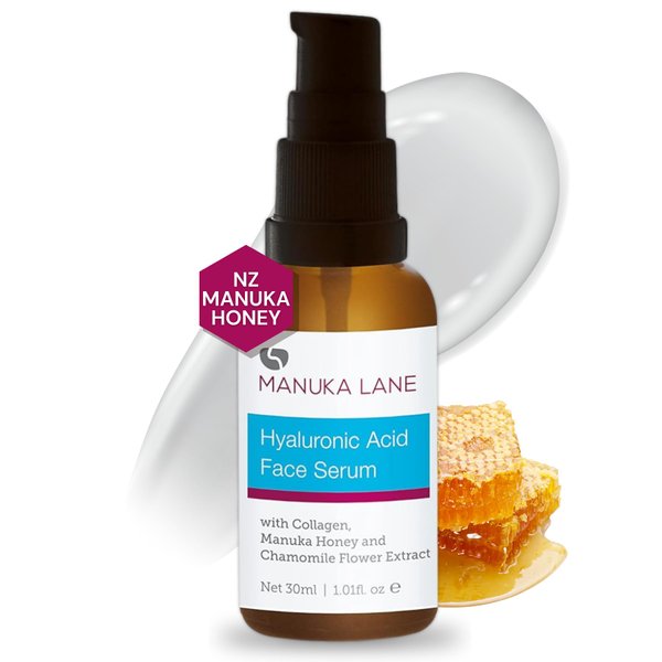 Hyaluronic Acid Serum for Face and Neck with Collagen, Manuka Honey & Chamomile Flower Extract | Plant Based Formula | Carefully formulated to keep your skin young and healthy!