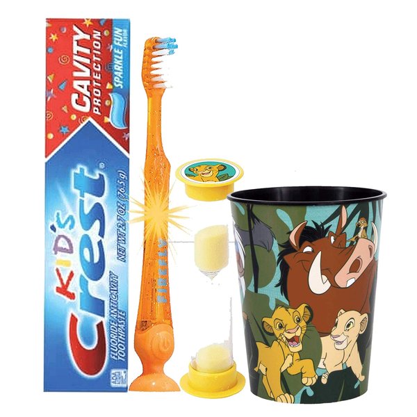The Lion King 4pc Bright Smile Oral Hygiene Bundle! Light Up Toothbrush, Toothpaste, Brushing Timer & Mouthwash Rise Cup! Plus Dental Gift Bag &"Remember to Brush" Visual Aid!