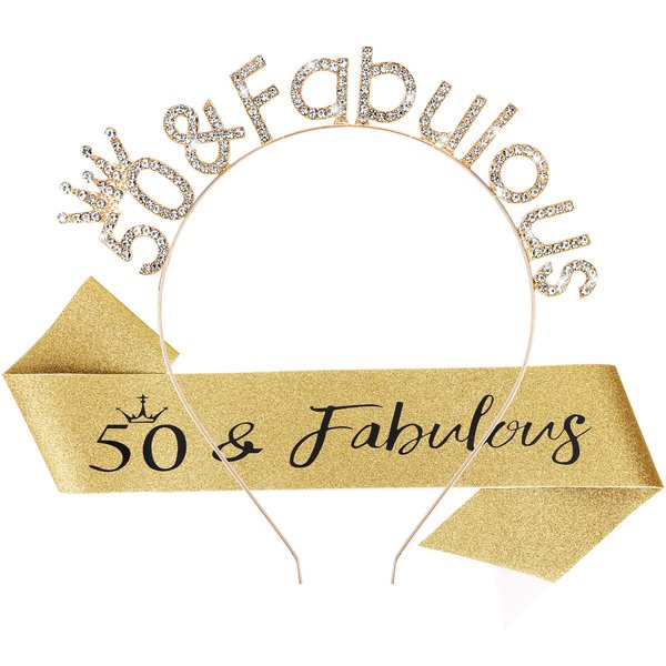 CIEHER 50th Birthday Crown & 50 and Fabulous Birthday Sash, 50th Birthday Tiara for Girls, 50th Birthday Sash 50th Birthday Decorations for Women, 50th Birthday Gifts - Gold