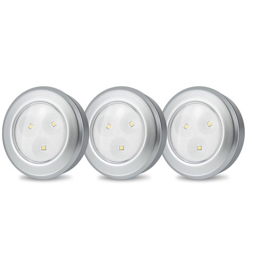 LUXSWAY Puck Light, LED Tap Light Push Lights, Battery Operated Stick On Night Lights, Portable Under Cabinet and Counter Lighting, Kitchen Sink Lights, Shelf Lights, 3-Pack, Silver