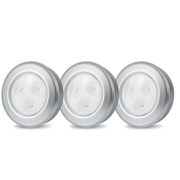 LUXSWAY Puck Light, LED Tap Light Push Lights, Battery Operated Stick On Night Lights, Portable Under Cabinet and Counter Lighting, Kitchen Sink Lights, Shelf Lights, 3-Pack, Silver