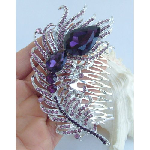 Sindary Wedding Headpiece 4.33" Rhinestone Crystal Bridal Peacock Feather Hair Comb (Silver-Tone Purple)