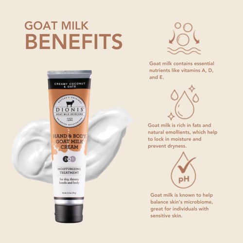 Dionis Goat Milk Skincare 3.3oz Creamy Coconut and Oats Scented Hand & Body Cream - Travel Size For Hydrating & Moisturizing