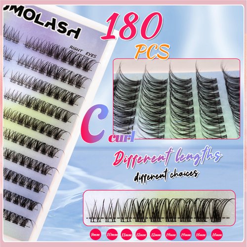 Momolash Natural Lash Clusters Wispy Individual Eyelash Clusters D Curl Left&Right Cat Eye Lashes Cluster Eyelashes Extensions 180pcs DIY Cluster Lashes (KLS130-16-Wispy)