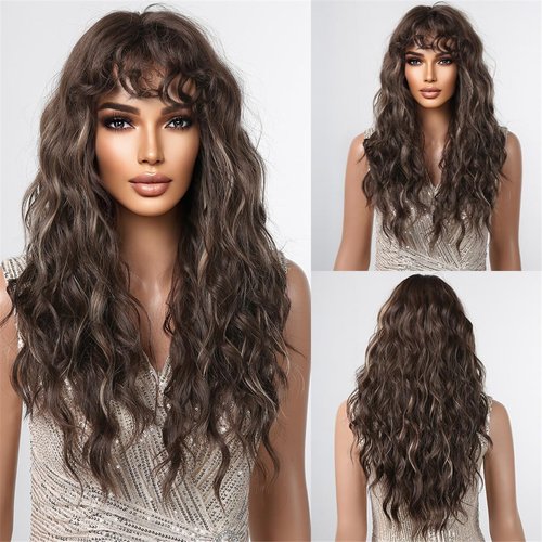 testar Brown Curly Wigs For Black Women Long Brown Mixed Blonde Highlight Curly Wavy Wigs With Bangs Natural Looking Synthetic Hair Wigs For Daily Party Cosplay Use