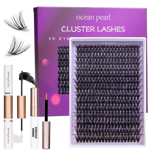 Ocean Pearl Lash Clusters 10-20mm 50D 300PCS Eyelash Extension Kit DIY Lash Extension Kit Natural Lashes Clusters Fluffy Individual Lashes Wispy Eyelashes with Lash Bond+Seal+Remover+Tweezer-50D