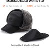 Winter 3 in 1 Thermal Fur Lined Trapper Hat with Ear Flap Full Face Warmer Cover Windproof Insulated Baseball Cap Cycling Motorcycle Snow Ski Hat Headwear (Black)