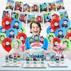 Hanjiejie Thomas Train birthday party supplies, including cake caps, cupcake caps, flags, Latex Balloons, It is very suitable for boy's and girl themed birthday party supplies.