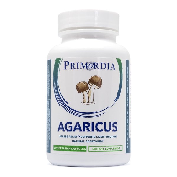 Primordia Pure Agaricus Mushroom Supplement, 60 Capsules, Liquid State Fermentation, Agaricus Blazei Murill Mushrooms, Provides Stress Relief, Supports Liver and Immune Functions