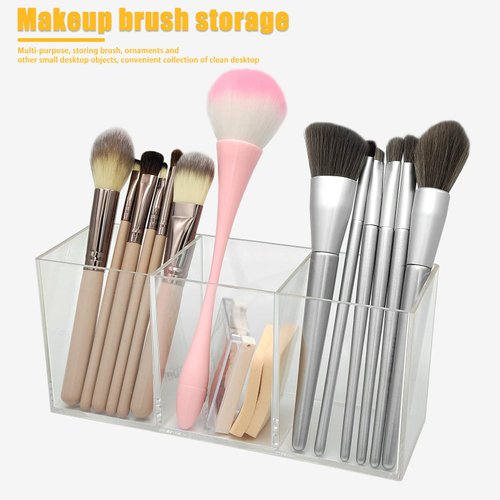 Cerpourt Clear Makeup Brush Organizer,Acrylic Cosmetic Brushes Storage Holder with 3 Slots,Pencil Pen Holder for Desk,Desk Organizer and Accessories for Vanity