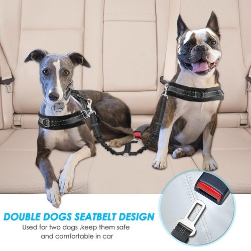 Slowton Double Dog Car Seatbelt, Dual Pet Vehicle Safety Seat Belt Adjustable Double Dog Coupler Lead Splitter Elastic Bungee Reflective Stripe Two Pets Car Trip Travel