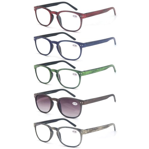 MODFANS Reading Glasses Women/Men Wood Look Round Frame Includes Sun Readers glasses for outdoors 5-Pack Comfort Flexible?Spring Hinge Lightweight with soft case 3.5