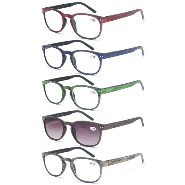 MODFANS Reading Glasses Women/Men Wood Look Round Frame Includes Sun Readers glasses for outdoors 5-Pack Comfort Flexible?Spring Hinge Lightweight with soft case 3.5