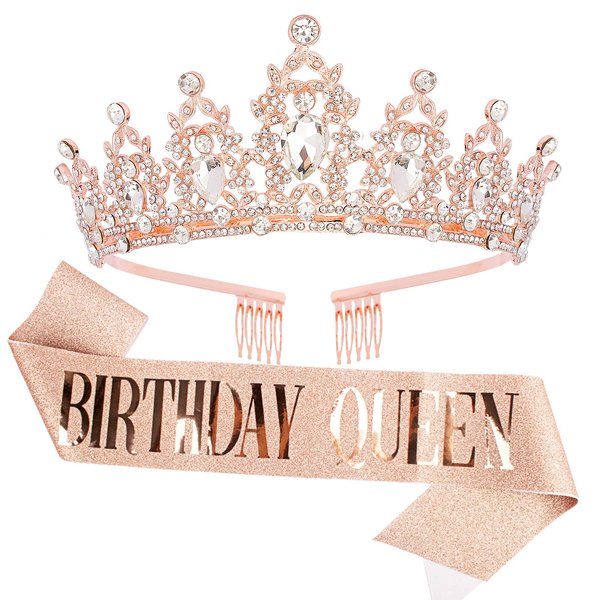 Birthday Queen Sash and Tiara for Women Crystal Tiara and Satin Kit for Girl Rhinestones Crown with Comb Glitter Hair Accessories for Prom Party Decoration Cake Topper Accessory Set with Pin (Rose Gold Tiara and Rose Gold Sash Set)
