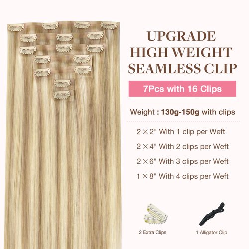 GOO GOO Clip in Hair Extensions Real Human Hair, Remy Human Hair Extensions Clip ins for Women, Natural Human Hair, 20inch 150g 7Pcs, 18A/613A Dark Blonde Highlighted Bleach Blonde
