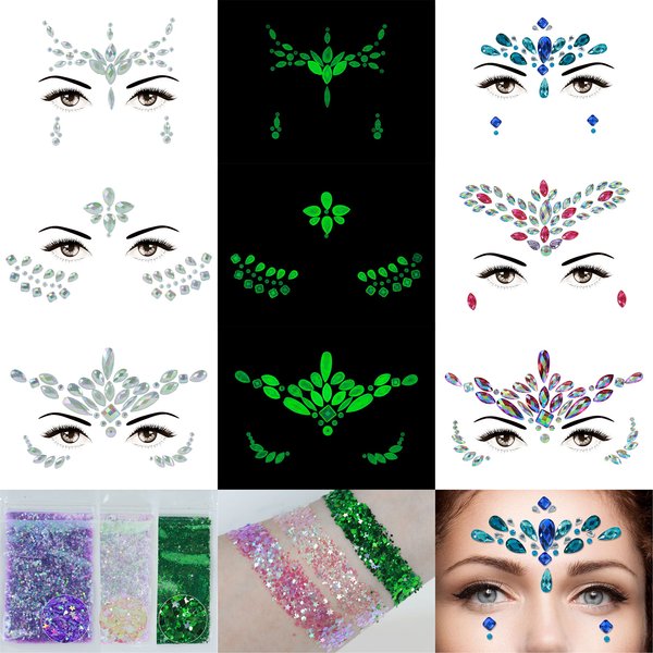 Face Gems-6Sheets Face Jewels Stick On+30g Chunky Glitter, Rhinestones Noctilucent Stickers Temporary Tattoos-Eye Body Euphoria Makeup Rave Clothes Carnival Festival Outfit Gifts For Women(3Luminous)