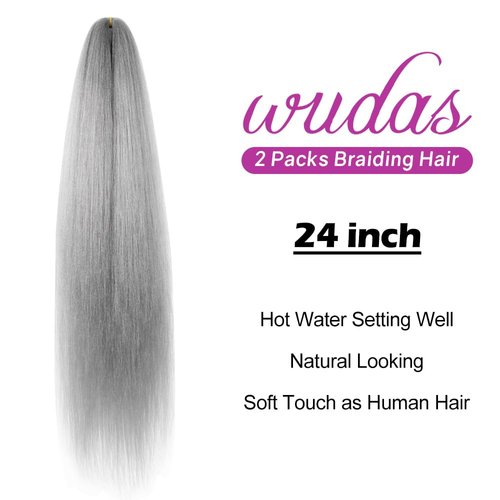 WUDAS Gray Braiding Hair 24 Inch Long Pre Stretched Hair Straight Yaki Texture Synthetic Hair Extensions Softness, 2 Packs