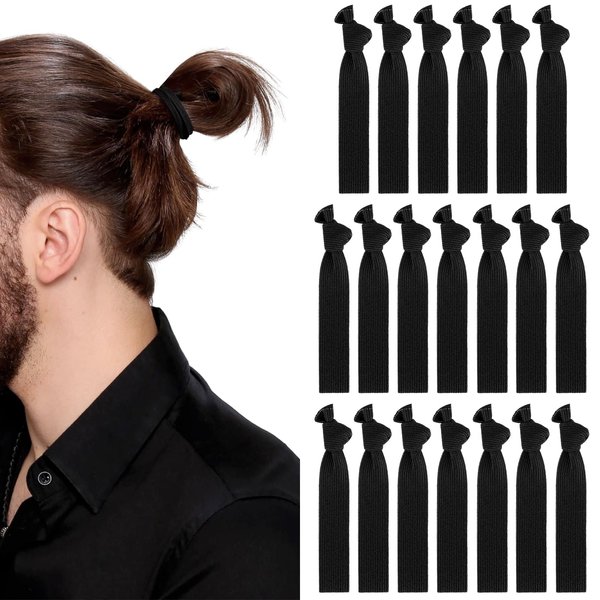 20 PCS Hair Ties for Men Knotted Mens Hair Ties Knotted No Damage Hair Bands Black Hair Ties Elastic Hair Ties Long Thick Curly Hair Ponytail Holders Strong Holder Bun Hair Ties for Guys