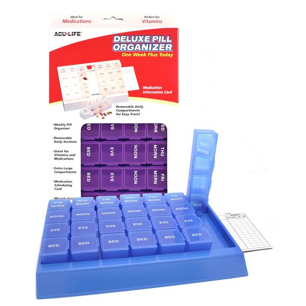 Acu-Life Weekly (7-Day) Pill Case, Medicine Planner, Vitamin Organizer, Pop-Out Compartments, 4 Times a Day, Easy to Use, Color May Vary, BPA Free