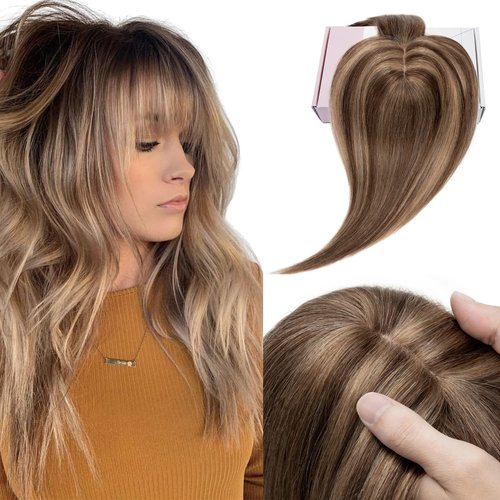 Elailite Human Hair Toppers for Women with Thinning Hair Clip in Bangs V3.0 Real Hair Pieces for Top Hair Loss Gray Fine Hair 16 Inch 51g #4 Chocolate Brown mix #27 Dark Blonde