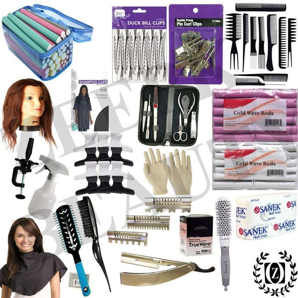 Profession 20PCS Cosmetology Kit Hair School, Barbershop Beauty Salon Approved Use! 10 Piece Comb Set, Butterfly Clips, Flex Rods, Mannequin Head w/Stand! Hair Brushes! Neck Wraps!