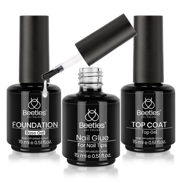 Beetles Top Coat Base Gel & Nail Glue Set-3Pcs No Wipe Top Coat & Base Coat with 5 In 1 Nail Glue Shine Effect Long Lasting Soak Off Uv Light Lamp Diy Home for Women Girls