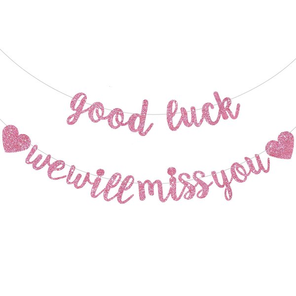 BEISHIDA Pink Good Luck We Will Miss You Banner,Pre-Strung Glitter Retirement Party Sign Garland,Going Away Farewell Party Decoration, Graduation Party Supplies (No DIY）