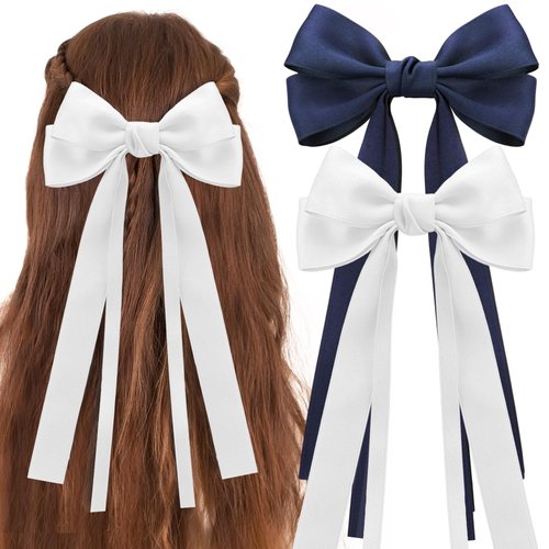 Ambesi Ribbon Hair bow Clips, 2PCS Silky Satin Hair Bows Hair Clip White Navy Blue Hair Ribbon Ponytail Holder Accessories for Women Girl Long Tail Hair Bow Clips Hair Barrette Dress Up Accessories