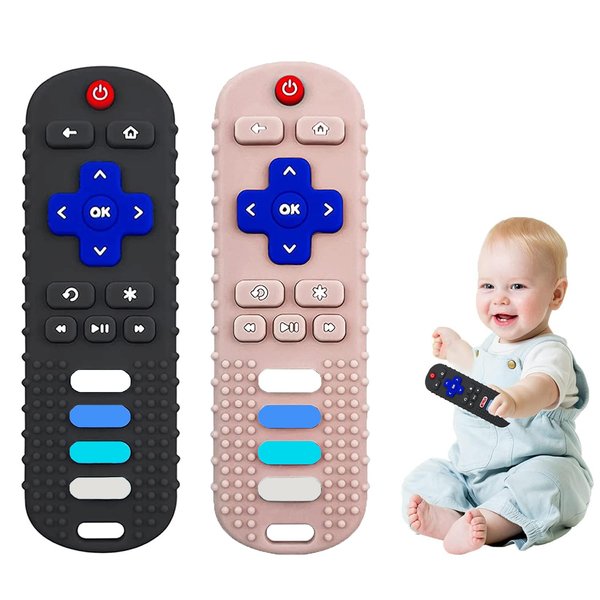 ERSIHUA 2-Pack Baby Teething Toys-TV Remote Control Shape Silicone Infants Teething Toys for Babies 0-18 Months,BPA-Free (L-Black+Khaki)
