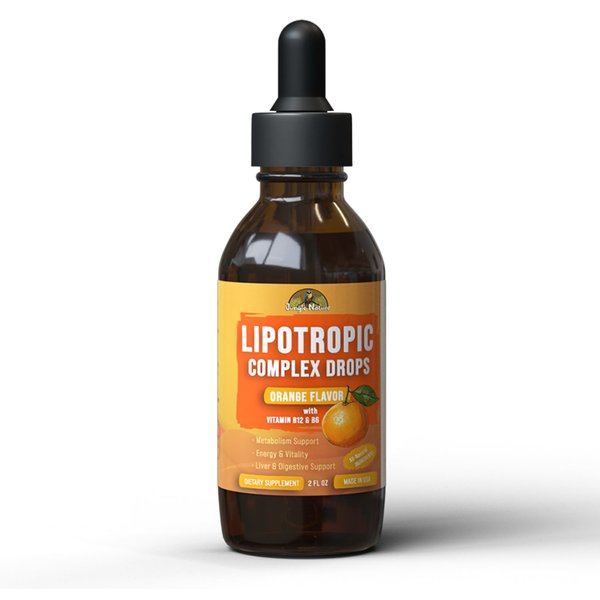 Jungle Nature Lipotropic Complex Drops – Orange Flavor Liquid Supplement with B12, B6, Folic Acid, Choline & Inositol – Supports Detox, Liver Health, Energy & Metabolism – Vegan, Non-GMO – 2oz