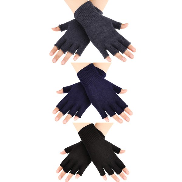 SATINIOR 3 Pairs Women Fingerless Gloves Winter Half Finger Knit Gloves for Women Men (Black, Dark Gray, Navy Blue)