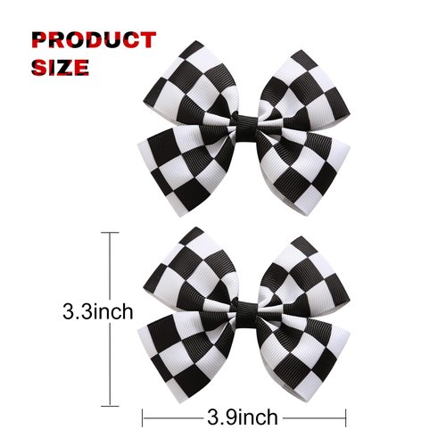2PC Racing Checkered Flag Hair Bow Clips 4 Inch Girls Women Black and White Racing Fan Pigtail Hair Accessories