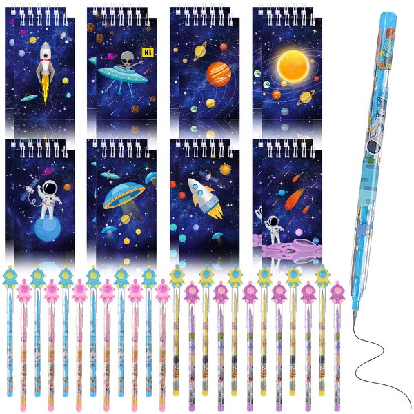 Yeaqee 48 Pcs Space Party Favors Space Mini Spiral Notepads Spaceman Gel Ink Pens Astronaut Pens Classroom Carnival Rewards Space Goodie Bag Fillers School Stationary Set for Boys Girls Birthday