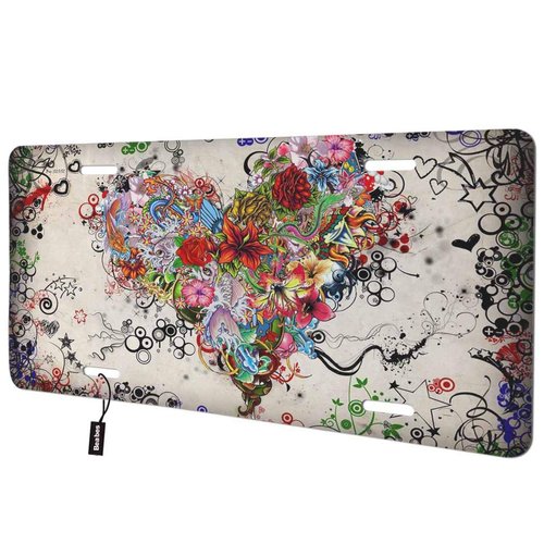 Beabes Love Art Front License Plate Cover,Floral Animal Hearts Fish Stars Green Leaves Swirls Circles Decorative License Plates for Car,Aluminum Novelty Auto Car Tag Vanity Plates Gift 6x12 Inch