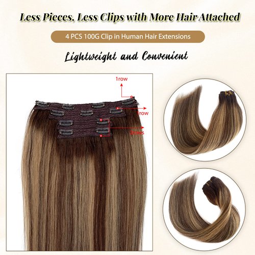 Clip in Human Hair Extensions Blonde Balayage Clip in Real Remy Hair Extensions Double Weft 100grams 4pcs Thick Straight Medium Brown with Caramel Blonde Highlights Extensions for Women 16 Inch