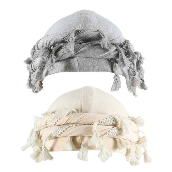 Agturber 2pcs Turban for Men Women Satin Lined Durag Head Wrap Vintage Modal Twist Halo Turban with Tassel(Beige,Light Grey)